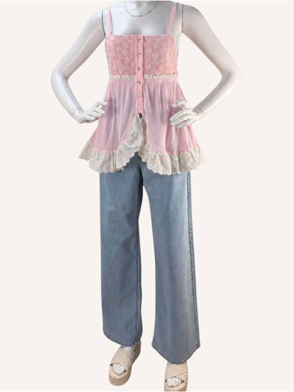 POL Tali Blush Pink Lace Babydoll Tank Top Small NWT Cottagecore Boho Fairycore - Picture 2 of 10